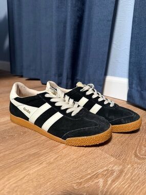 Gola Black Suede Sneakers with Cream Stripes and Gum Sole